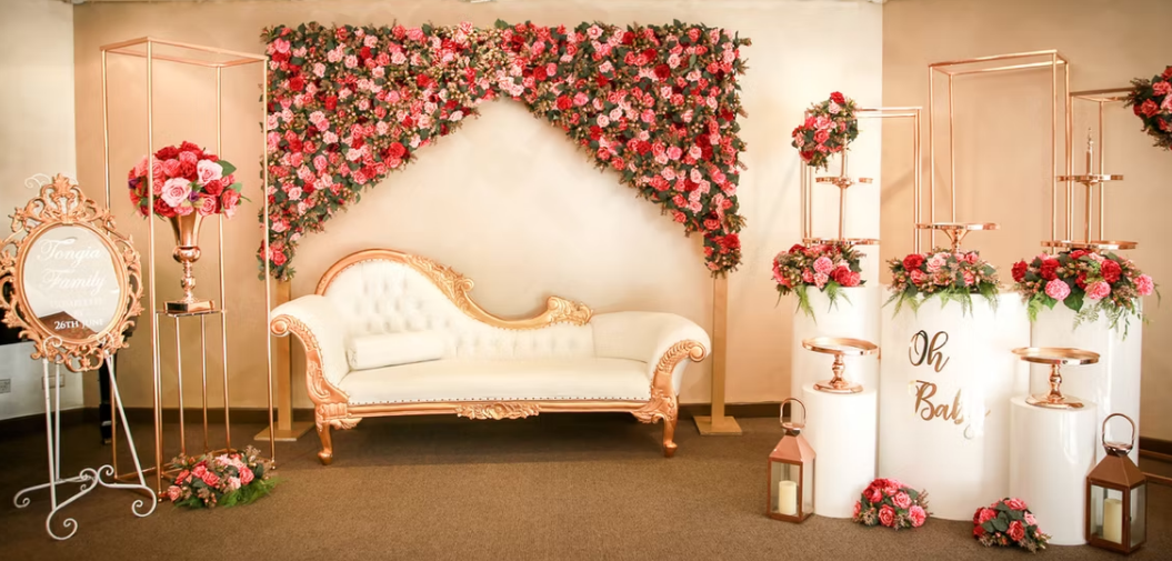 Royal Rose Gold Floral Celebration Set-Up Hire